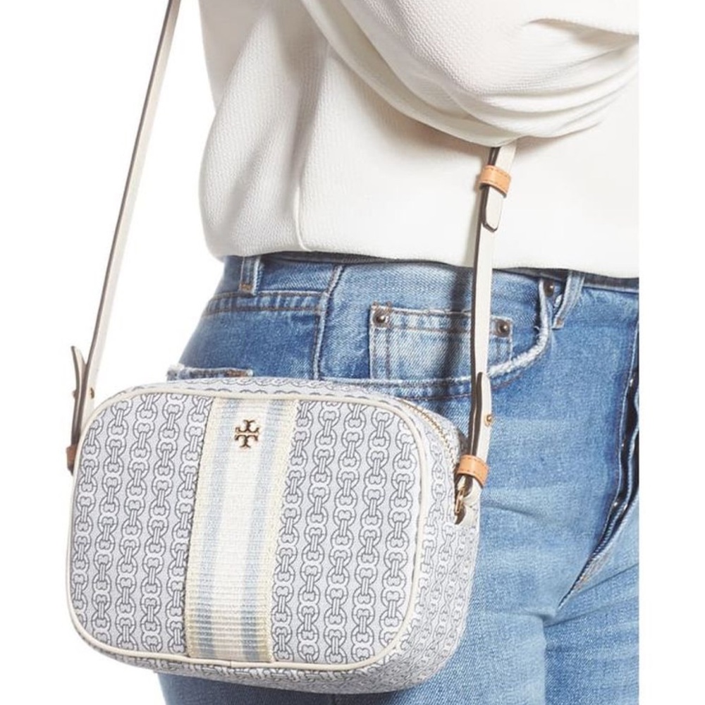 Tory Burch Cream and Blue Jacquard Crossbody Bag